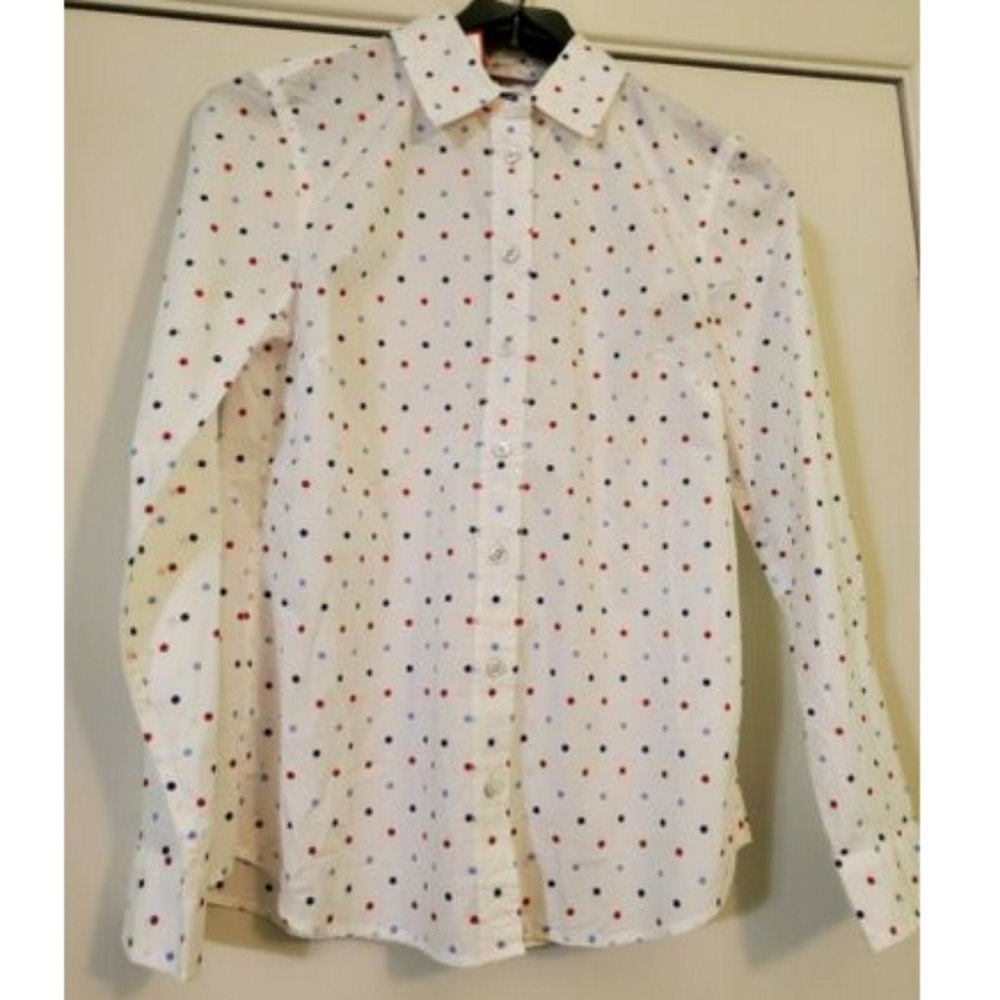 Talbots  white button down blue and red polka dots - Picture 2 of 4